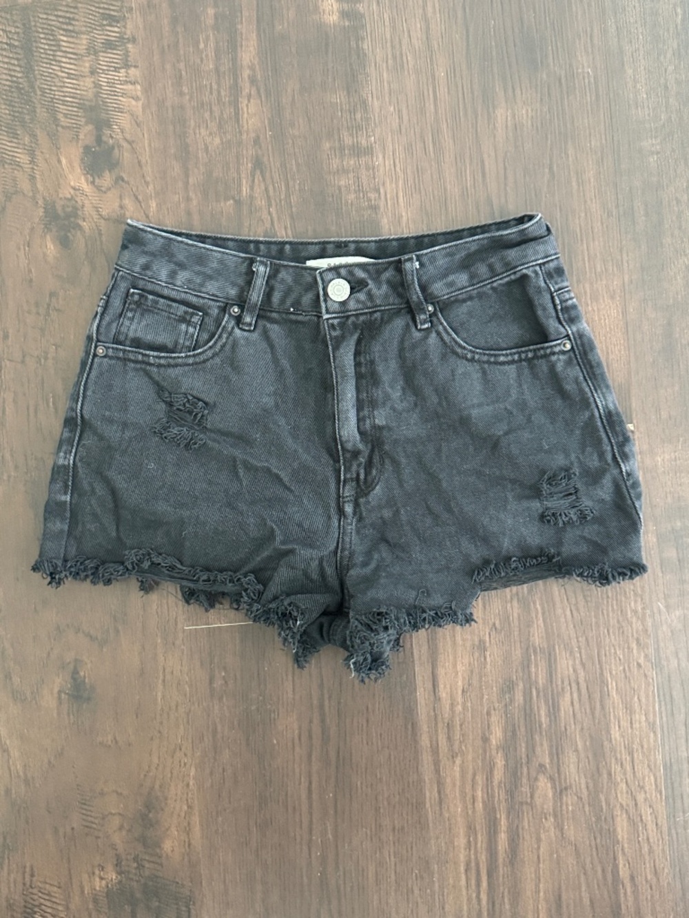 PACSUN HIGH RISE FESTIVAL SHORTS BLACK JEANS RAW HEM DISTRESSED SIZE 25